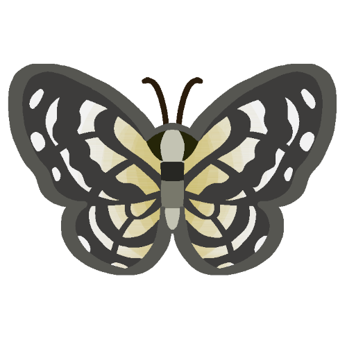 An emote of a cute icon of a butterfly with a dusty yellow outline. The body is dusty grayish yellow with a brown marking on the back, followed by a darker, dusty yellow marking below it. The wings have light black monarch markings with wavy lines, and the base color of the wings is white with a big yellow tint on the wings going to the body